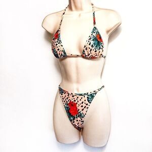 NWOT Shein Tropical Leopard Halter Bikini & Thong Bottom Sz M